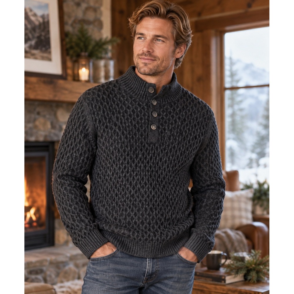 Tommy Bahama Luxury Yarns Mens M Merino Wool Alpaca Mock Neck Button Sweater